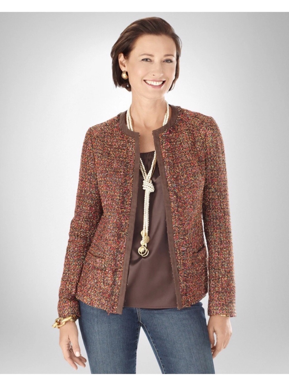 Chico's Rainbow Shine Vikey Metallic Tree Tweed Open-Front Jacket in Brown Tones